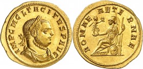 EMPIRE ROMAIN
Tacite (275-276). Aureus Ticinum.
Av. Buste lauré et drapé à droite. Rv. Rome assise à gauche.
Cal. 4111. 4,63 g.
Provenance : vente...