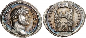 EMPIRE ROMAIN
Galère (293-305). Argenteus 295, Ticinum.
Av. Buste lauré à droite. Rv. Les tétrarques, en costume militaire, debout devant une encein...