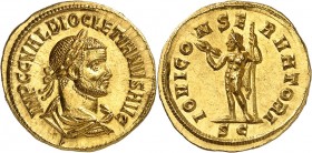 EMPIRE ROMAIN
Dioclétien (284-305). Aureus 293-294, Cyzique.
Av. Buste lauré et drapé à droite. Rv. Jupiter debout à gauche.
Cal. 4501. 5,30 g.
Pr...