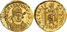 EMPIRE ROMAIN
Odovacar (476-493). Au nom de Zeno. Solidus 480-491, Rome.
Av. Buste diadémé, casqué et cuirassé de face, tenant de la main droite la ...