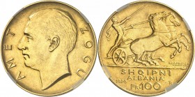 ALBANIE
Zog Ier (1925-1939). 100 franga or 1926, Rome, sans étoile.
Av. Tête nue à gauche. Rv. Bige à droite.
Fr. 1.
GENI UNC. Nettoyé, TTB.
