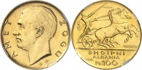 ALBANIE
Zog Ier (1925-1939). 100 franga or 1926, Rome, deux étoiles. Prova.
Av. Tête nue à gauche. Rv. Bige à droite.
Fr. 1.
GENI UNC. Nettoyé, TT...