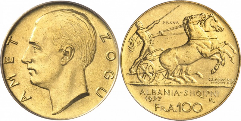 ALBANIE
Zog Ier (1925-1939). 100 franga or 1927, Rome, sans étoile, essai « pro...