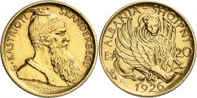 ALBANIE
Zog Ier (1925-1939). 20 franga 1926 Faisceau, Rome.
Av. Scanderbeg à droite. Rv. Lion de Saint-Marc.
Fr. 5. 6,44 g.
Rare, ancien nettoyage...