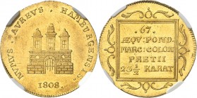 ALLEMAGNE
Hambourg, ville libre. Ducat 1808.
Av. Forteresse, légende autour. Rv. Inscriptions sur cinq lignes dans un cartouche.
Fr. 1140.
NGC MS ...
