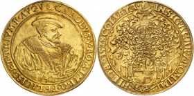 ALLEMAGNE
Hildesheim. 5 ducats en or à l’effigie de Charles Quint frappé en 1605.
Av. Buste habillé de Charles Quint à droite. Rv. Armes de la ville...