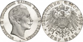 ALLEMAGNE
Prusse, Guillaume II (1888-1918). 5 mark 1904 A, Berlin, essai tranche inscrite en creux.
Av. Tête nue à droite. Rv. Aigle de face aux ail...