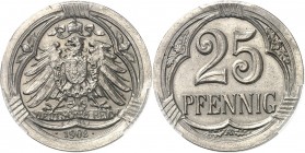 ALLEMAGNE
IIème Reich, Guillaume II (1888-1918). 25 pfennig 1908 A Berlin, essai en nickel, trois séries de sept cannelures sur la tranche.
Av. Aigl...