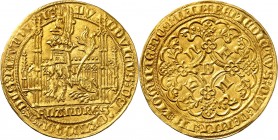 BELGIQUE
Flandres, Louis de Mâle (1346-1384). Lion heaumé, Gand.
Av. Lion coiffé d’un heaume. Rv. Croix feuillue et fleuronnée.
Del. 460, Fr. 157, ...