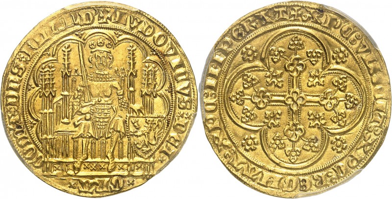 BELGIQUE
Flandres, Louis de Mâle (1346-1384). Écu d’or à la chaise.
Av. Le roi...