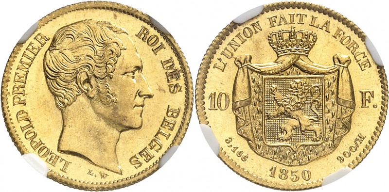 BELGIQUE
Léopold Ier (1831-1865). 10 francs or 1850, Bruxelles.
Av. Tête nue à...
