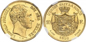 BELGIQUE
Léopold Ier (1831-1865). 10 francs or 1850, Bruxelles.
Av. Tête nue à droite. Rv. Écu posé sur un manteau couronné.
Fr. 408.
Provenance :...