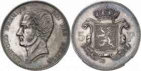 BELGIQUE
Léopold Ier (1831-1865). 5 francs 18—, piéfort en argent, tranche lisse, par Dargent.
Av. Tête nue à gauche. Rv. Écu posé sur un manteau co...