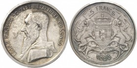 BELGIQUE
Léopold II (1885-1908), Congo. 5 francs 1896, essai tranche inscrite en relief, Dubois.
Av. Buste uniforme à gauche. Rv. Écu tenu par deux ...