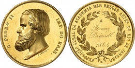 BRÉSIL
Pierre II (1831-1889). Médaille de récompense en or attribuée au paysagiste Thomas Driendl, par Luster.
Av. Buste à gauche. Rv. Couronne, lég...