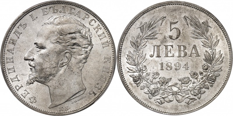 BULGARIE
Ferdinand I (1887-1918). 5 leva 1894.
Av. Tête nue à gauche. Rv. Vale...
