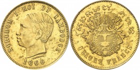 CAMBODGE
Norodom Ier (1860-1904). 4 francs 1860, frappe d’épreuve d’hommage en or, tranche striée.
Av. Tête nue à gauche. Rv. Armoiries du Cambodge....