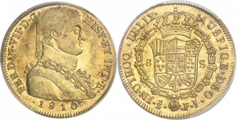 CHILI
Ferdinand VII. (1808-1817). 8 escudos 1810 So-FJ, Santiago.
Av. Buste ha...