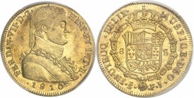 CHILI
Ferdinand VII. (1808-1817). 8 escudos 1810 So-FJ, Santiago.
Av. Buste habillé à droite. Rv. Écu couronné et entouré du collier de l’ordre de l...