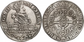 DANEMARK
Christian IV (1588-1648). Speciedaler 1627, Copenhague.
Av. Buste couronné et en uniforme à droite. Rv. Armes en cercle sur une croix couro...