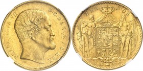 DANEMARK
Frédéric VII (1848-1863). 2 frederik d’or 1852.
Av. Tête nue à droite. Rv. Écu couronné.
Fr. 291.
Top pop : Seul exemplaire gradé.
NGC M...