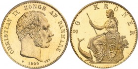 DANEMARK
Christian IX (1863-1906). 20 kroner 1900, Copenhague, frappe sur flan bruni.
Av. Tête nue à droite. Rv. Allégorie assise à gauche.
Fr. 295...