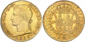 ESPAGNE
Joseph Napoléon (1808-1813). 320 reales 1810, Madrid.
Av. Tête ceinte d’un bandeau à gauche. Rv. Écu couronné.
Fr. 300.
Top pop : Plus hau...