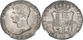 ESPAGNE
Joseph Napoléon (1808-1813). 20 reales 1810 AI, Madrid.
Av. Tête nue à gauche. Rv. Écu couronné.
Cal. 25.
NGC AU 58. Superbe