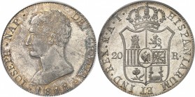ESPAGNE
Joseph Napoléon (1808-1813). 20 reales 1811 AI, Madrid.
Av. Tête nue à gauche. Rv. Écu couronné.
Cal. 29.
Top pop : plus haut grade.
PCGS...