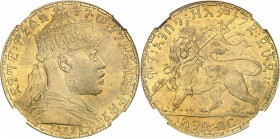 ÉTHIOPIE
Ménélik II (1889-1913). Birr 1892 (1899), Paris, épreuve en laiton, sans différent.
Av. Buste couronné à droite. Rv. Lion couronné à gauche...