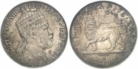 ÉTHIOPIE
Ménélik II (1889-1913). Bir 1889 (1897), Paris.
Av. Buste couronné à droite. Rv. Lion couronné à gauche.
Km. 5.
PCGS AU 58. TTB à Superbe...