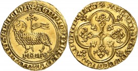 FRANCE
Philippe V (1316-1322). Agnel d’or émission de 1316.
Av. Agneau pascal à gauche. Rv. Croix quadrilobée, feuillue et fleuronnée.
Dup. 237 Fr....