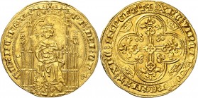 FRANCE
Philippe VI (1328-1350). Lion d’or, émission du 31 octobre 1338.
Av. Le roi assis dans une stalle gothique avec baldaquin, tenant un sceptre ...