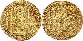 FRANCE
Philippe VI (1328-1350). Chaise d’or 2ème émission de 1346.
Av. Le roi assis dans une stalle gothique, couronné, tenant un sceptre et la main...