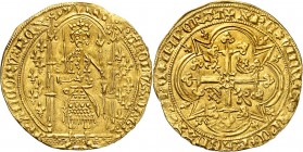 FRANCE
Charles V (1364-1380). Franc à pied, 20 avril 1365.
Av. Le roi, couronné, debout sous un dais accosté de lis, portant une cotte d’armes fleur...