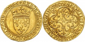 FRANCE
Charles VI (1380-1422). Écu d’or à la couronne première émission.
Av. Écu de France couronné. Rv. Croix fleurdelisée, étoile au centre, quadr...
