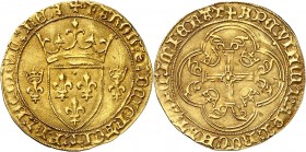 FRANCE
Charles VII (1422-1461). Écu d’or dit « écu neuf », troisième émission, point 4ème, Montpellier.
Av. Écu de France couronné, accosté de deux ...
