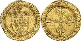 FRANCE
Louis XI (1461-1483). Écu d’or au soleil, type spécial pour Perpignan avec le P en cœur au centre du quadrilobe au revers, non accosté des deu...