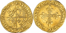 FRANCE
François Ier (1515-1547). Ecu d’or au soleil du Dauphiné, 4ème type, Romans.
Av. Champ écartelé de France-Dauphiné. Rv. Croix fleurdelisée.
...
