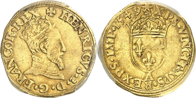 FRANCE
Henri II (1547-1559). 1/2 écu d’or à l’effigie, 1549 A, Paris.
Av. Bust...