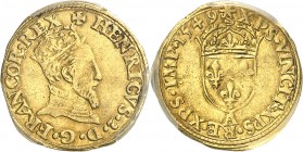 FRANCE
Henri II (1547-1559). 1/2 écu d’or à l’effigie, 1549 A, Paris.
Av. Buste à droite couronné. Rv. Écu de France couronné.
Dup. 970, Fr. 366, 1...