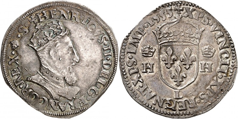 FRANCE
Henri II (1547-1559). Teston 1555 L, Bayonne.
Av. Buste couronné et cui...