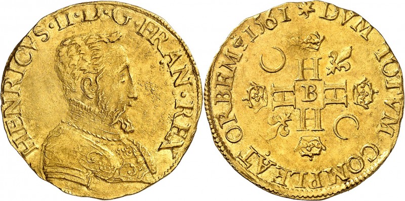 FRANCE
Charles IX (1560-1574). Henri d’or au nom d’Henri II 1561 B, Rouen.
Av....