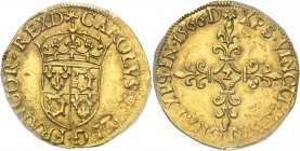 FRANCE
Charles IX (1560-1574). Ecu d’or au soleil du Dauphiné 1566 Z, Grenoble.
Av. Écu couronné. Rv. Croix fleurdelisée.
Dup. manque, Fr. 380. 3,3...