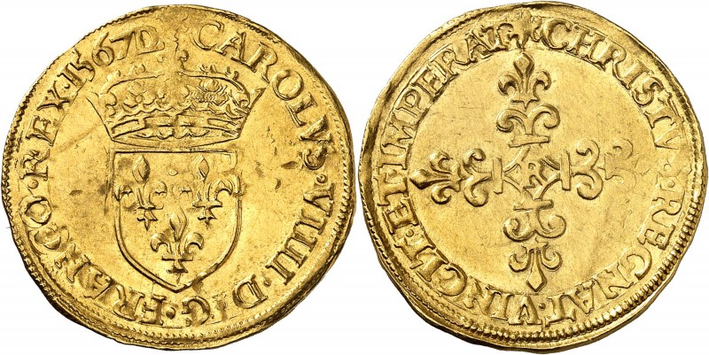 FRANCE
Charles IX (1560-1574). Écu d’or 1567 R, Saint-André-Villeneuve-lès-Avig...