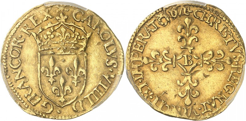 FRANCE
Charles IX (1560-1574). 1/2 écu 1571 B, Rouen.
Av. Écu de France couron...