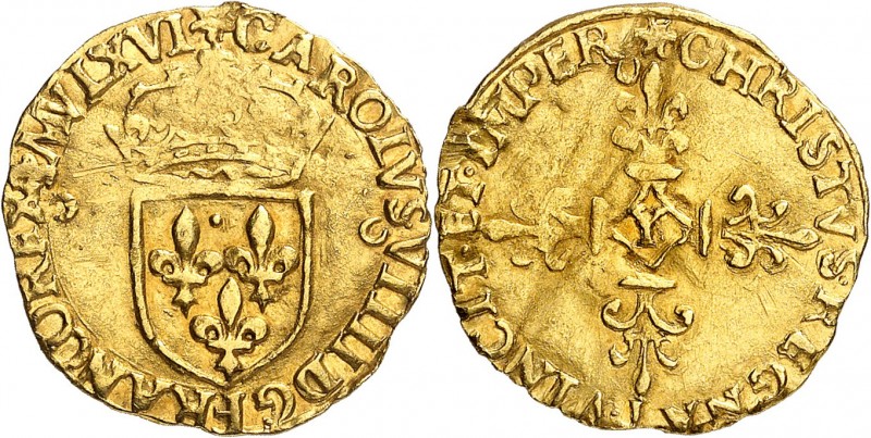 FRANCE
Charles IX (1560-1574). 1/2 écu 1566 Y, Bourges, deux croissants à 3H et...
