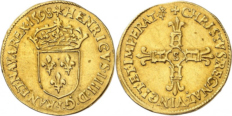 FRANCE
Henri IV (1589-1610). Ecu d’or au soleil 1598 S, Troyes.
Av. Ecu de Fra...