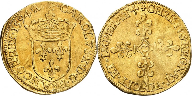 FRANCE
Charles X (1589-1594). Écu d’or 2ème type 1594 O, Riom.
Av. Écu couronn...