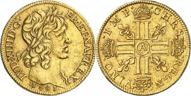 FRANCE
Louis XIII (1610-1643). Double louis d’or, 1641, Paris.
Av. Tête laurée à droite. Rv. Croix formée de huit L adossés et couronnés.
G. 59, Du...